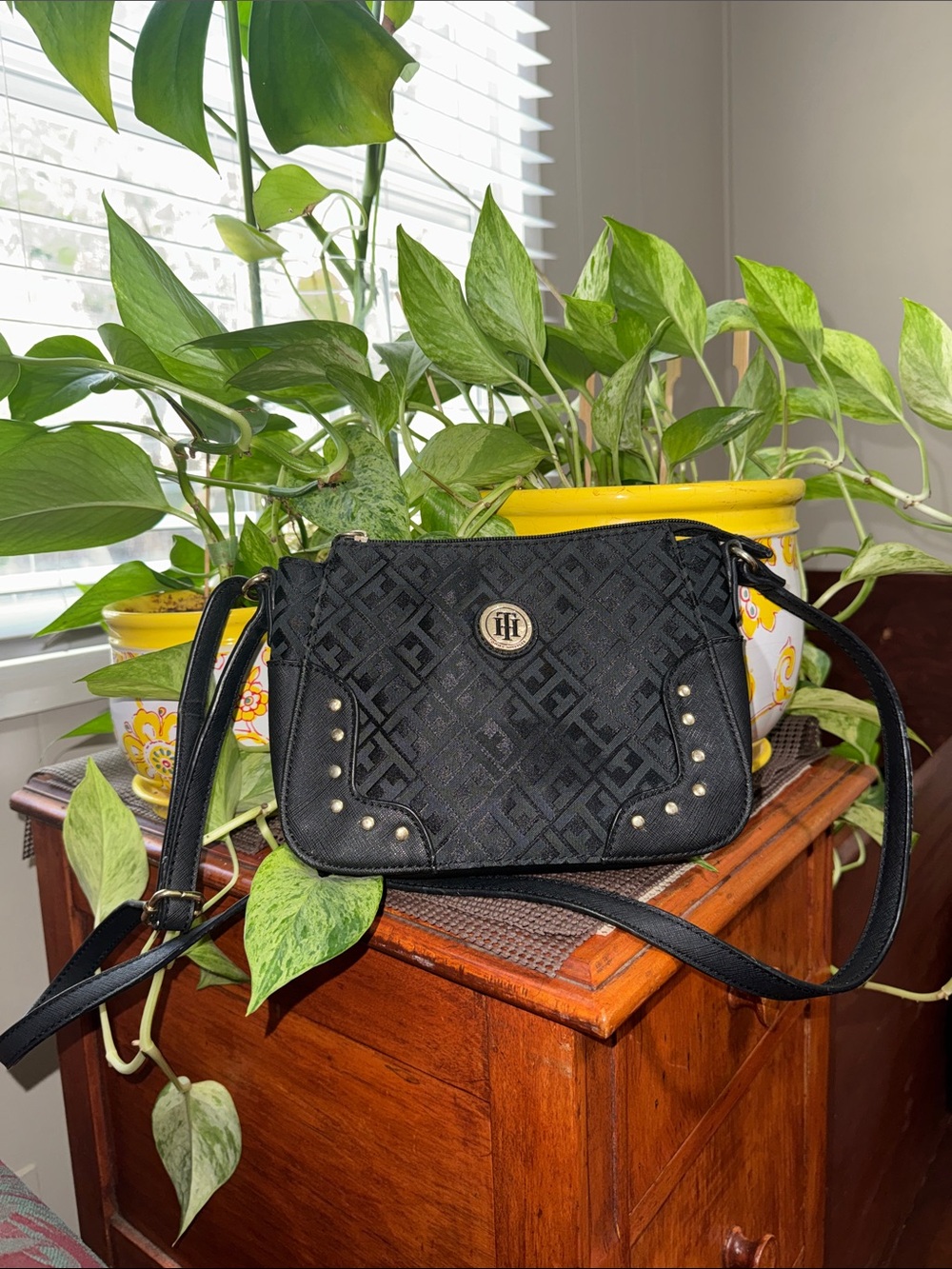 Tommy Hilfiger Black Monogram Crossbody with Gold-Tone Logo